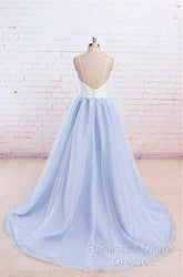 Sweetheart Neck Backless Blue And White Sweep Train Lace Semi Formal Prom Dress, Formal Dress